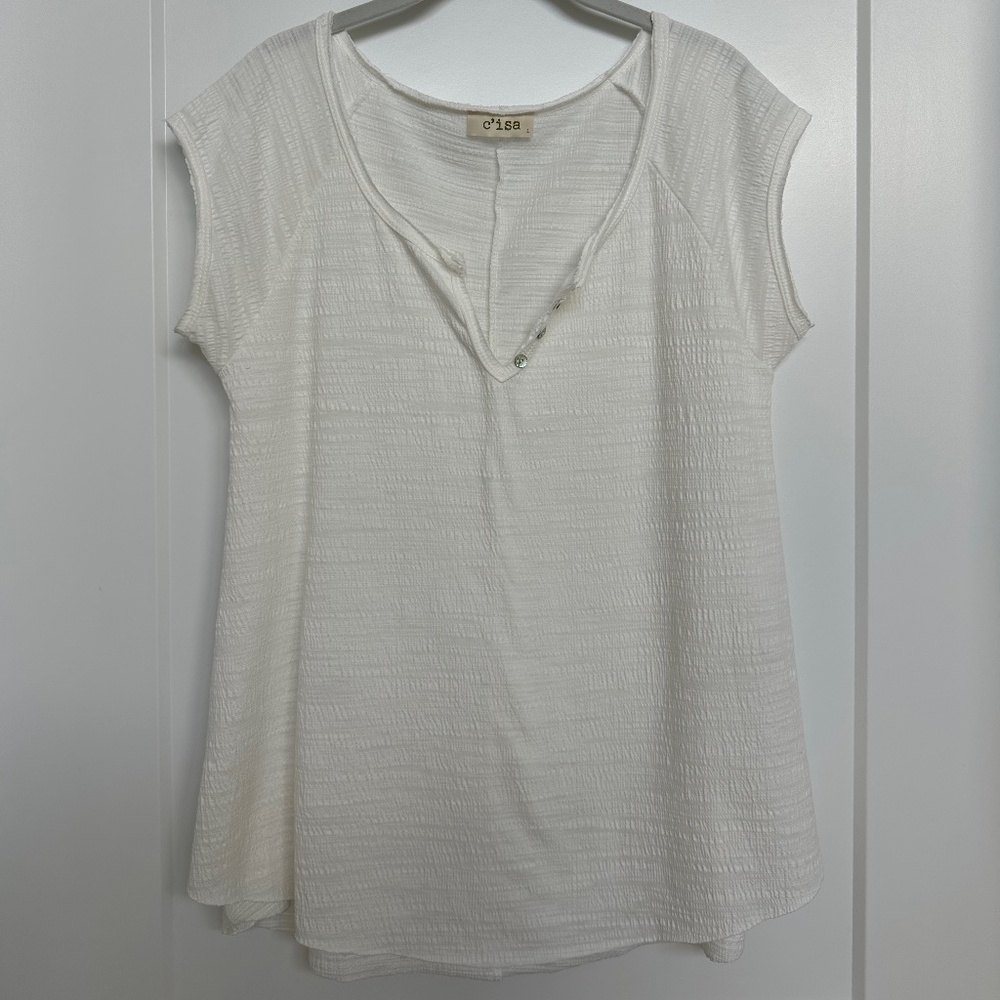 C'isa White Linen V-Neck Short Sleeve Shirt